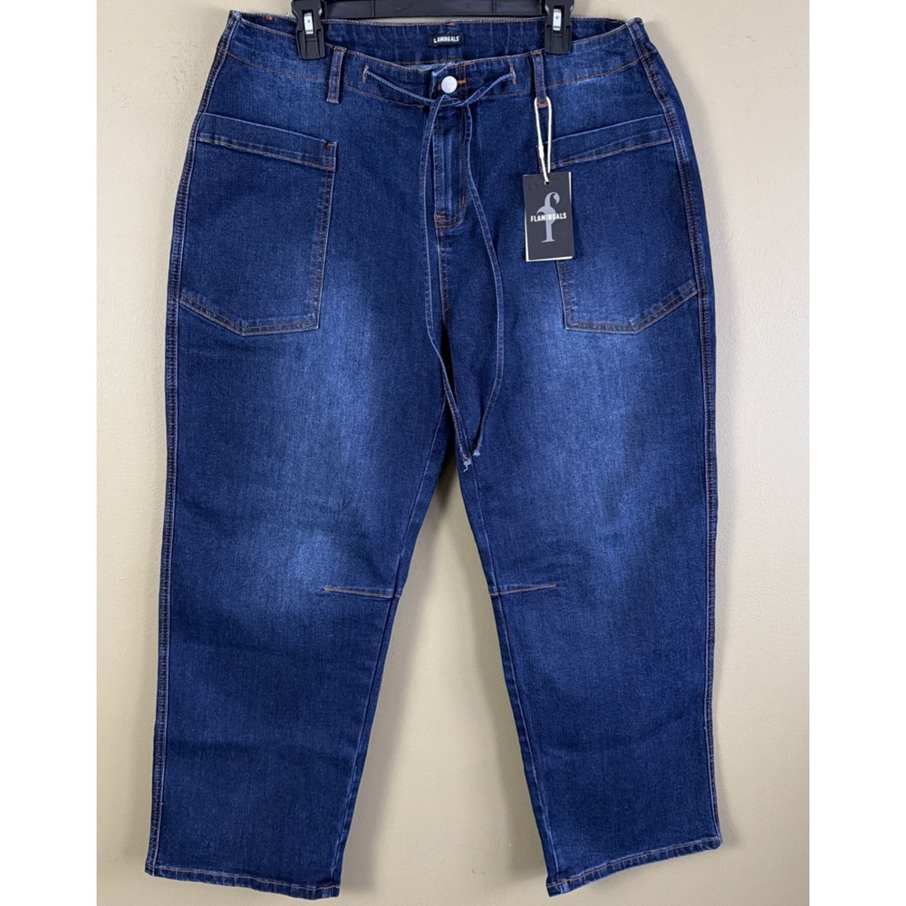 NWT Flamingals Womens M  Wash Jeans #263939 NWT Utility Drawstring Patch Pockets